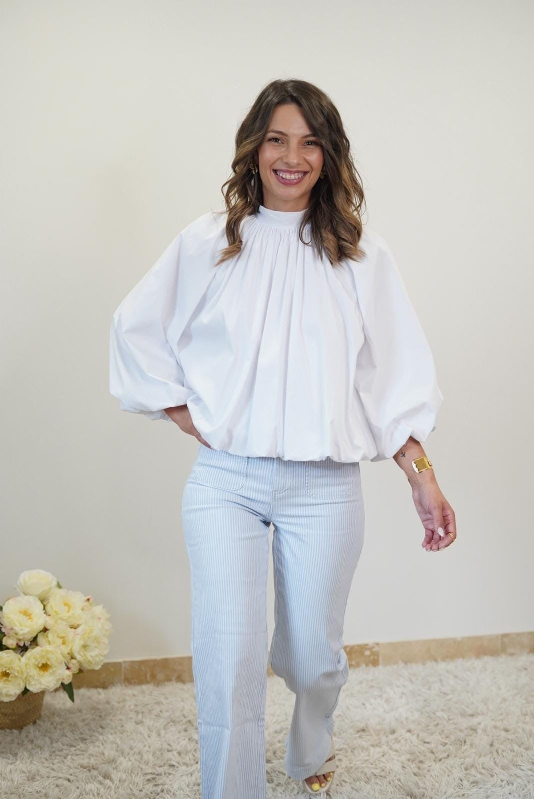 Blouse Manches Ballon avec Noeud sur le Dos - Blanche - Jad'Or la Mode- La mode au service-de-la-féminité