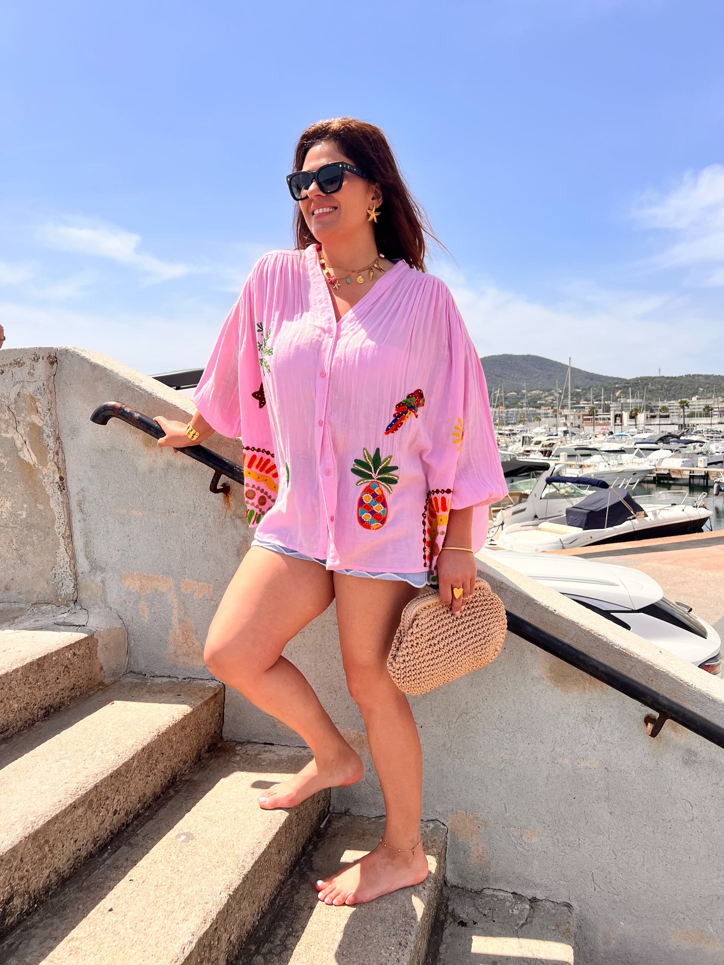 Chemise rose, style bohème, imprimés estivales, 100% coton - The Corner