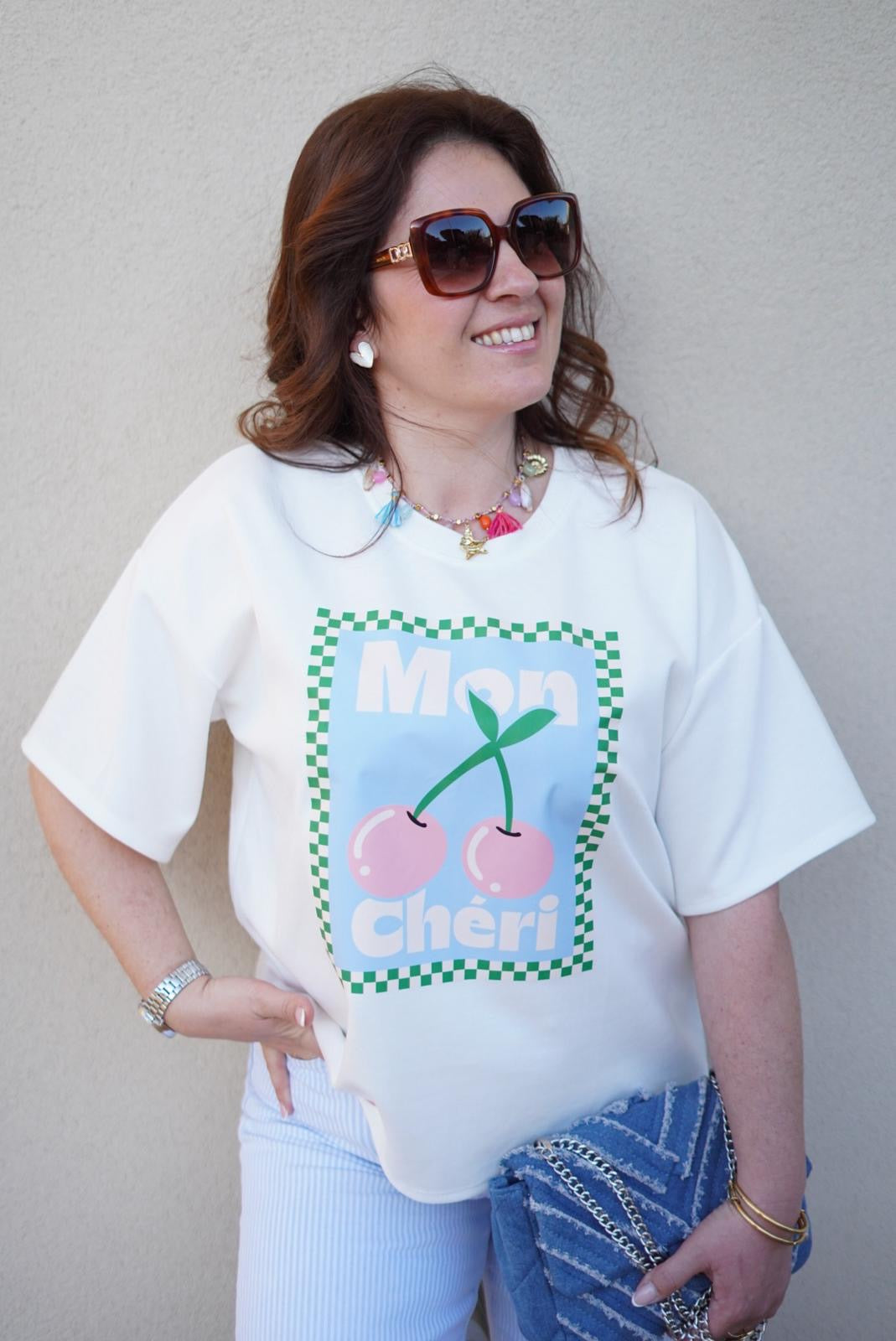T-Shirt femme imprimé Mon Chéri - Blanc - Jad'Or la Mode- La mode au service-de-la-féminité