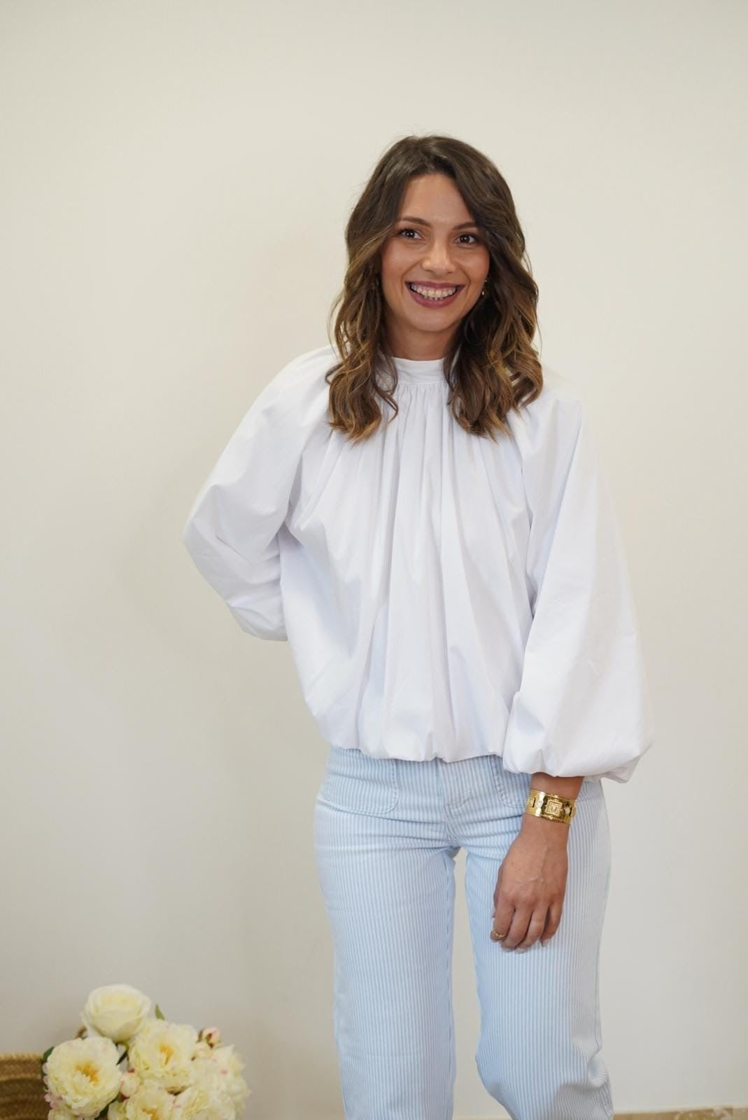Blouse Manches Ballon avec Noeud sur le Dos - Blanche - Jad'Or la Mode- La mode au service-de-la-féminité