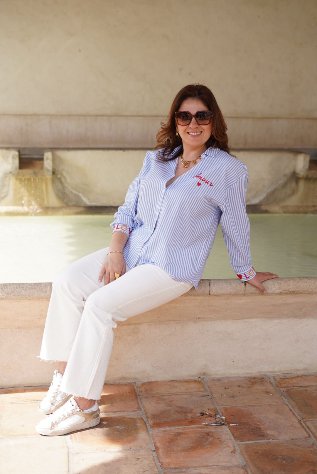 Chemise à rayures bleu et blanc, 100% coton - Broderies Amour et Love - Jad'Or la Mode- La mode au service-de-la-féminité