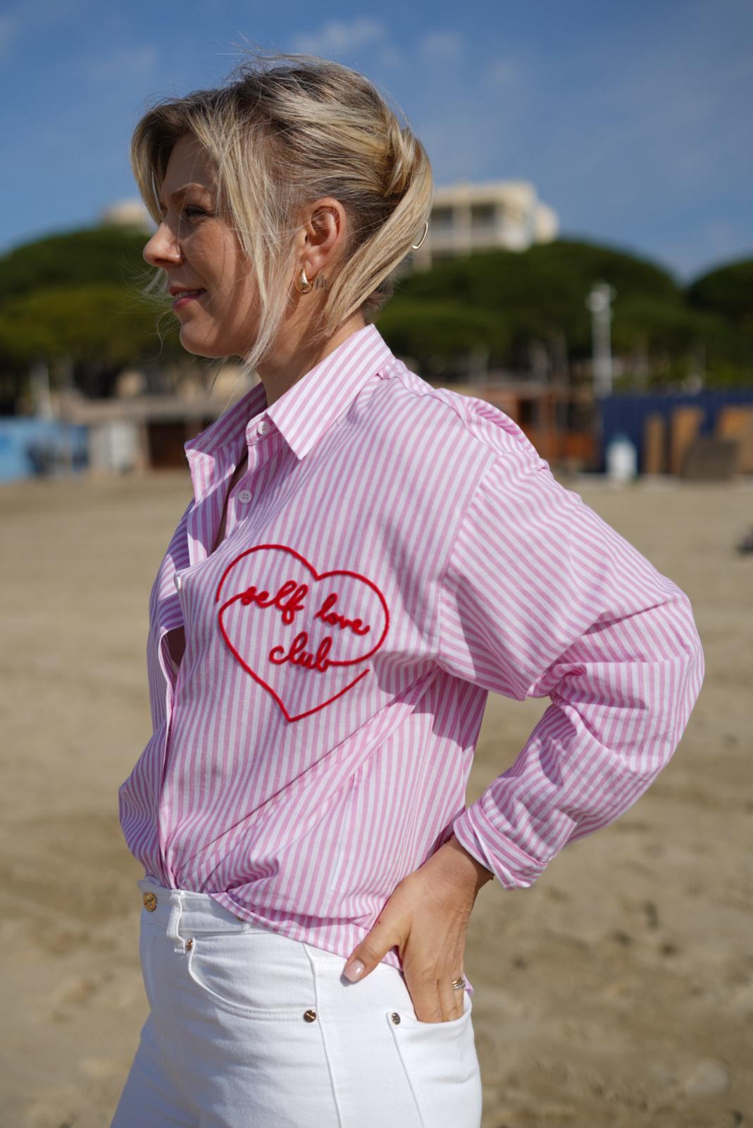 Chemise rayée rose et blanc – cœur bordé «-Self Love Club-» - Jad'Or la Mode- La mode au service-de-la-féminité