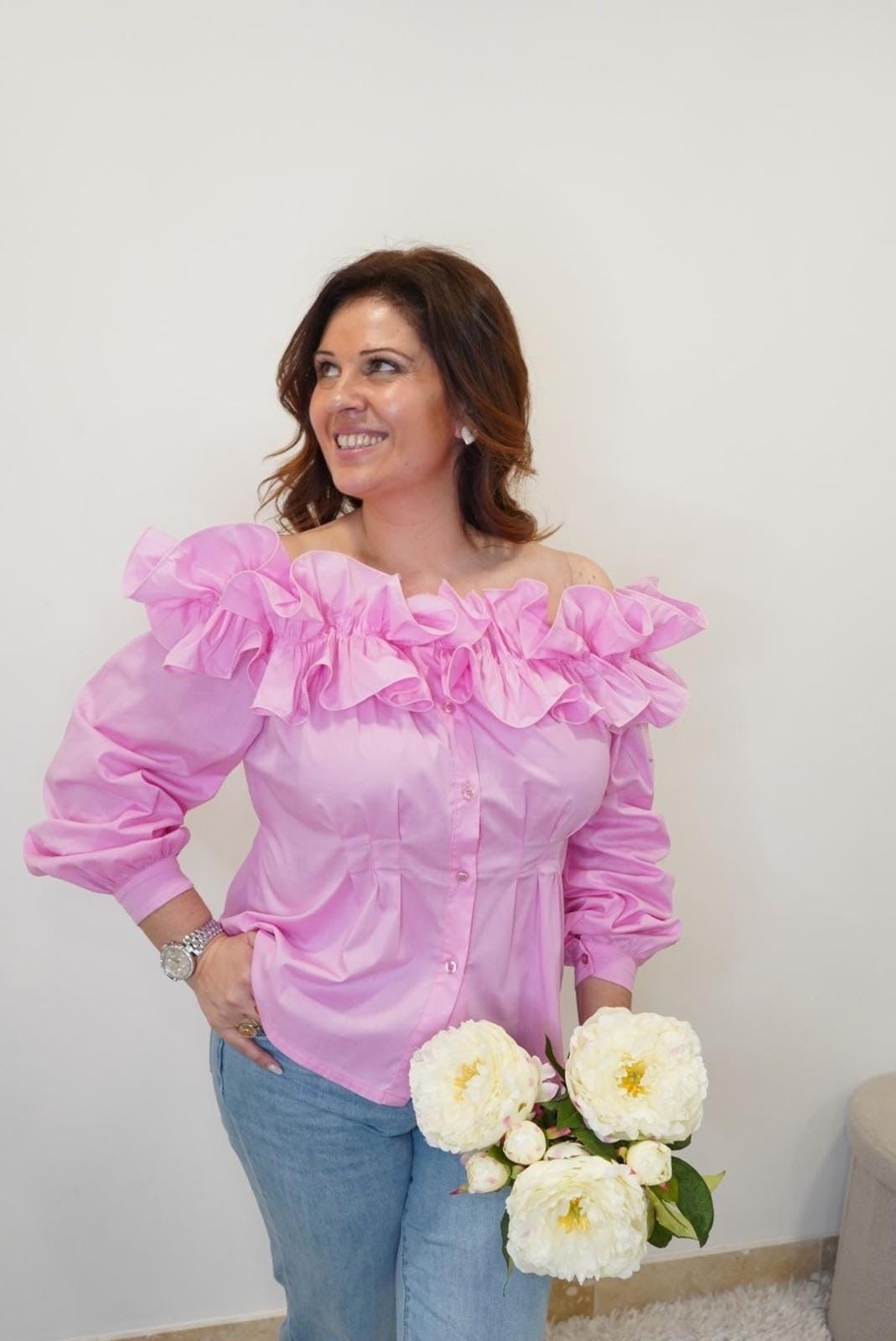 Chemise Lola col bardot à volants - Rose - Jad'Or la Mode- La mode au service-de-la-féminité