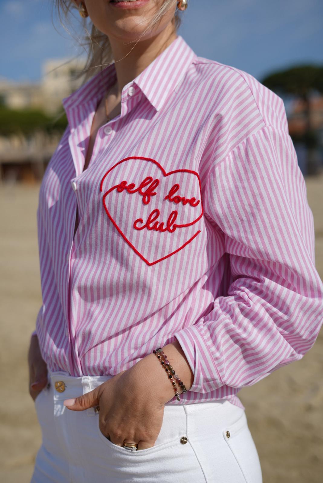 Chemise rayée rose et blanc – cœur bordé «-Self Love Club-» - Jad'Or la Mode- La mode au service-de-la-féminité