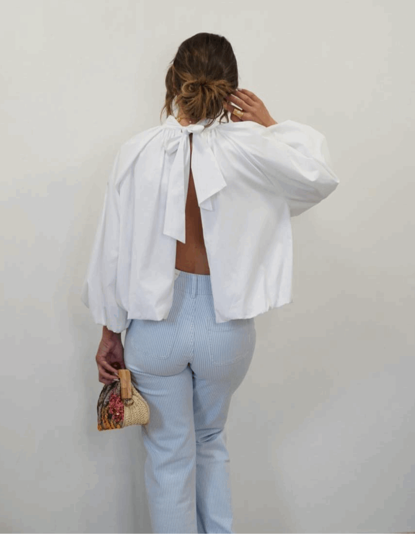 Blouse Manches Ballon avec Noeud sur le Dos - Blanche - Jad'Or la Mode- La mode au service-de-la-féminité