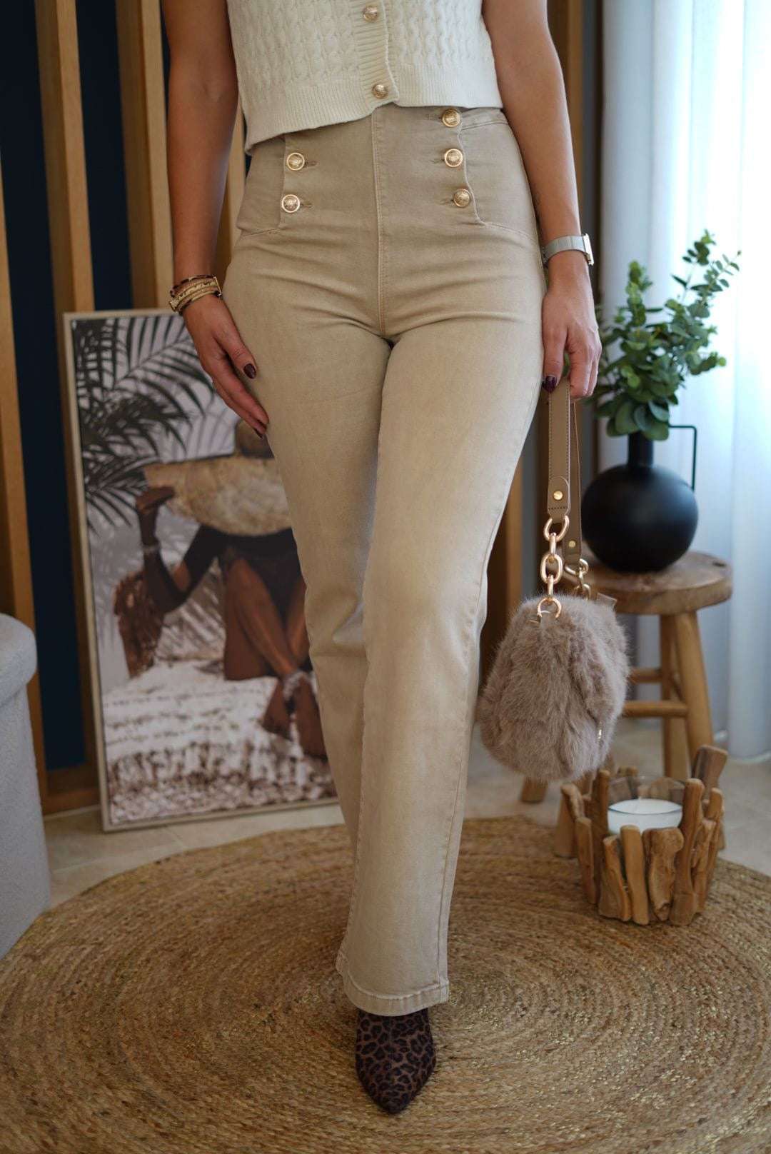 Jean flare beige - Jad'Or la Mode- La mode au service-de-la-féminité