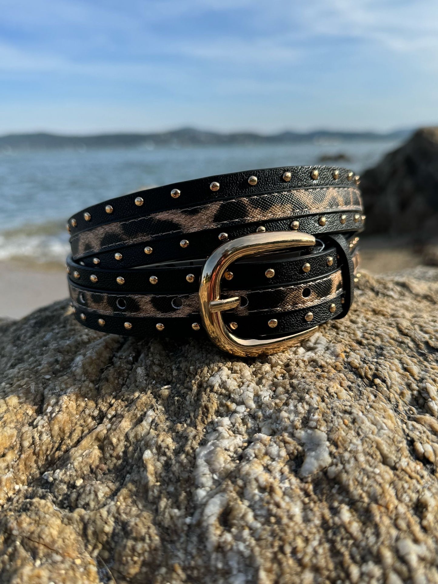 Ceinture femme avec détail léopard et clous dorés - Couleur Noir