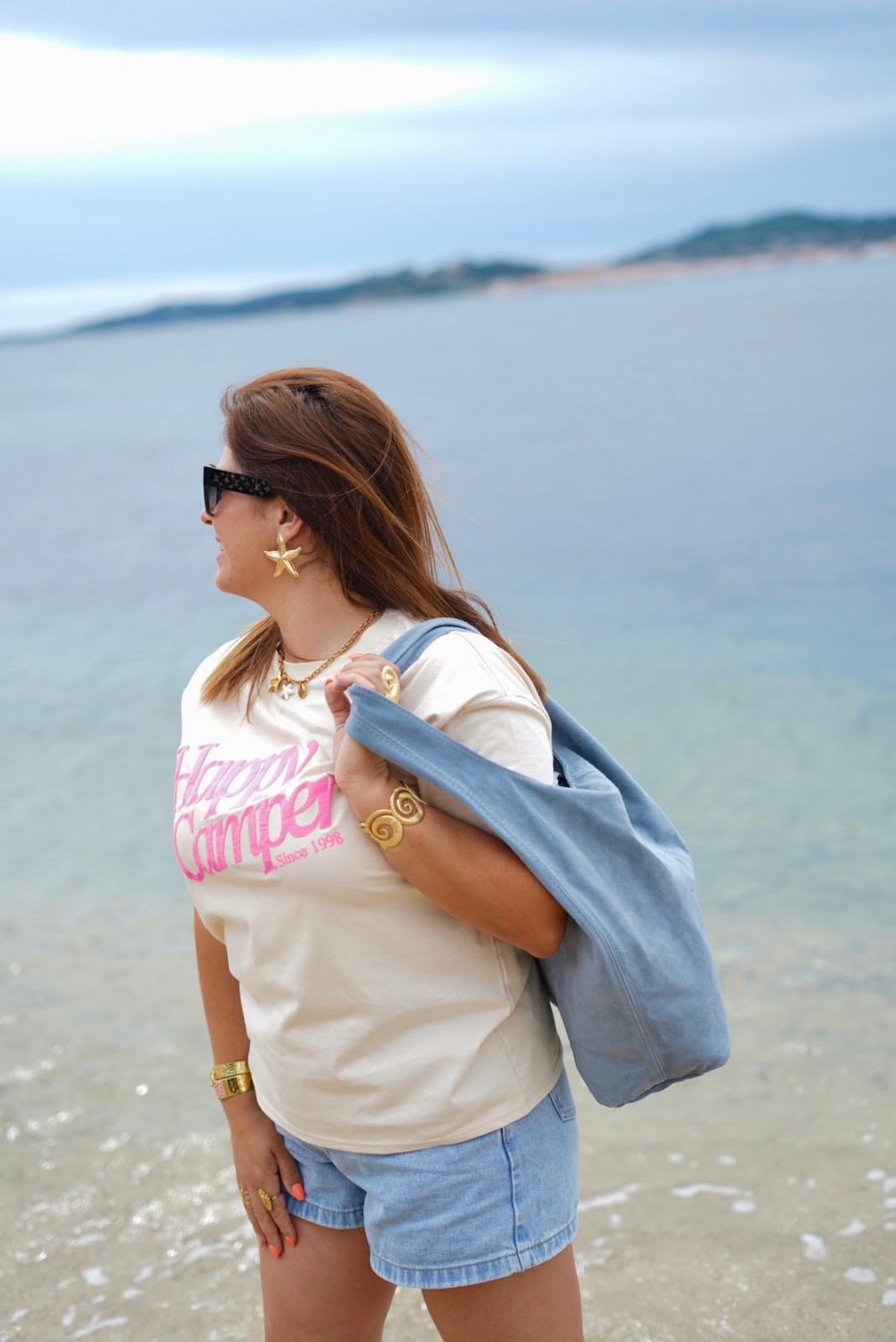 T-Shirt femme Happy Camper manches courtes - Beige