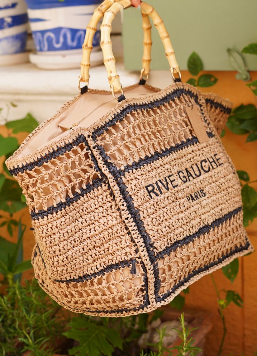 Grand sac plage Rive Gauche en raphia tressé marron avec finitions noires