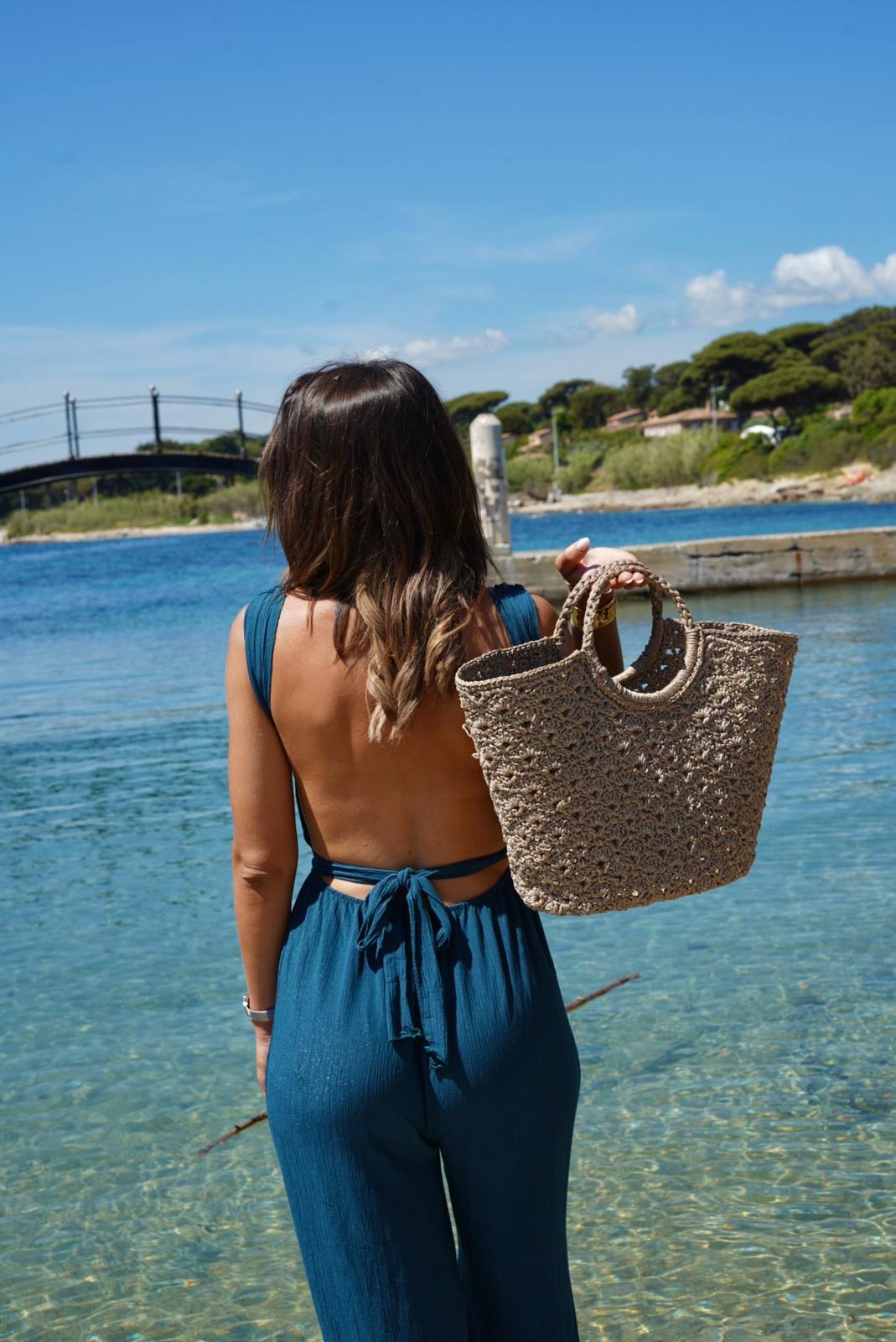 Panier de plage effet crochet - beige pailletée - Style bohème