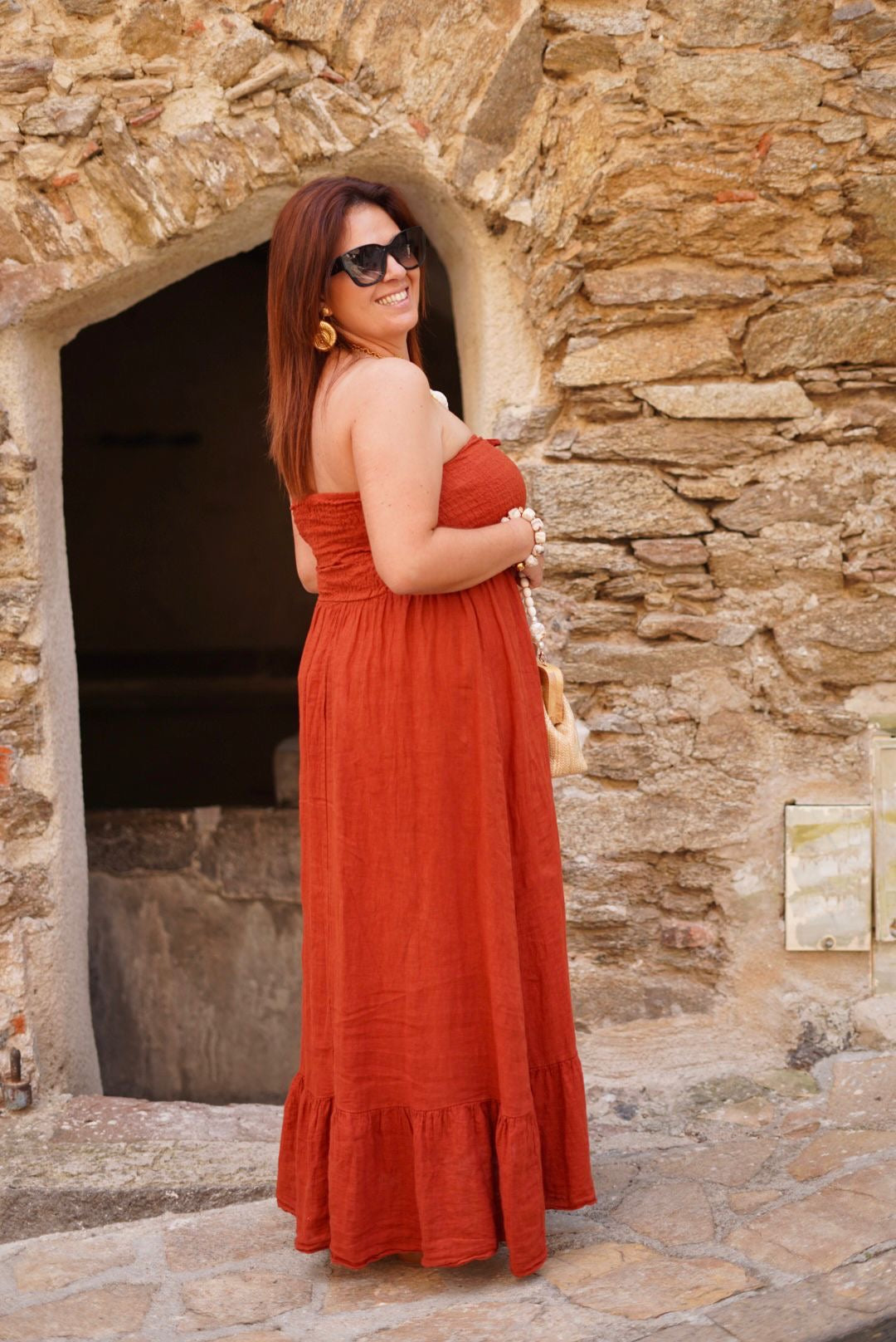 Robe Solea longue, bustier, 100% lin - Terracotta