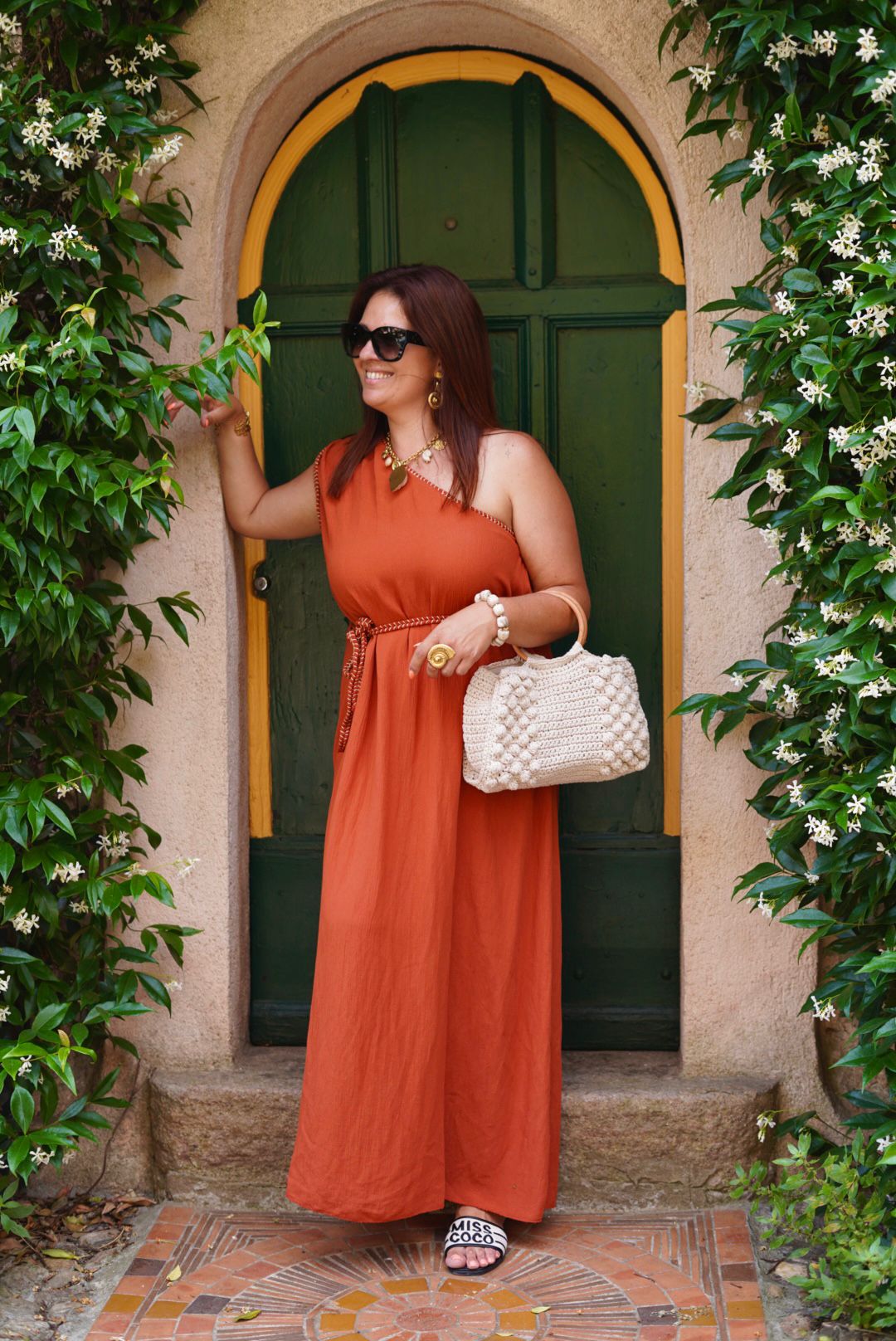 Robe Grèce, longue et asymétrique en viscose plissée et pailletée - Terracotta