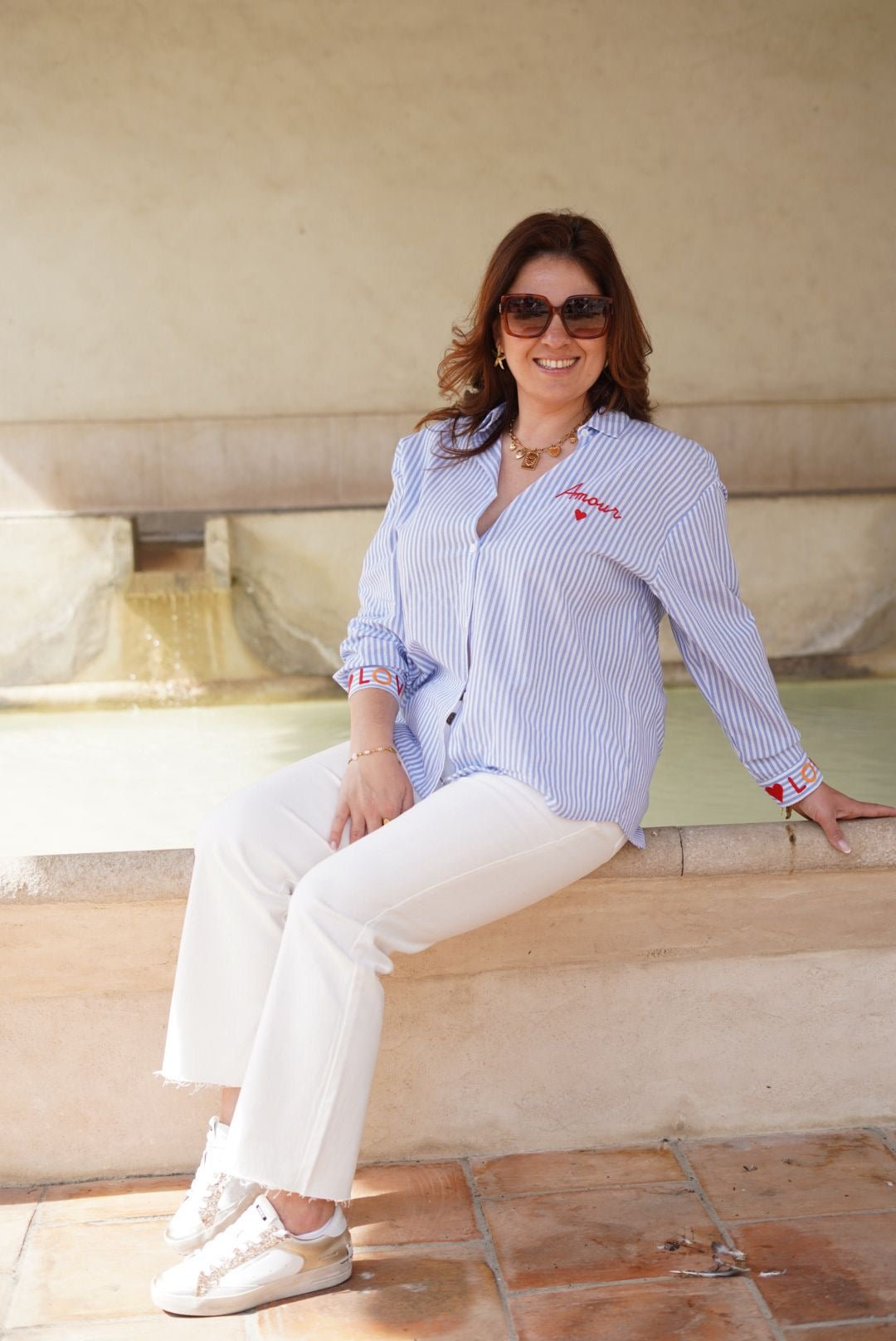 Chemise à rayures bleu et blanc, 100% coton - Broderies Amour et Love - Jad'Or la Mode- La mode au service-de-la-féminité