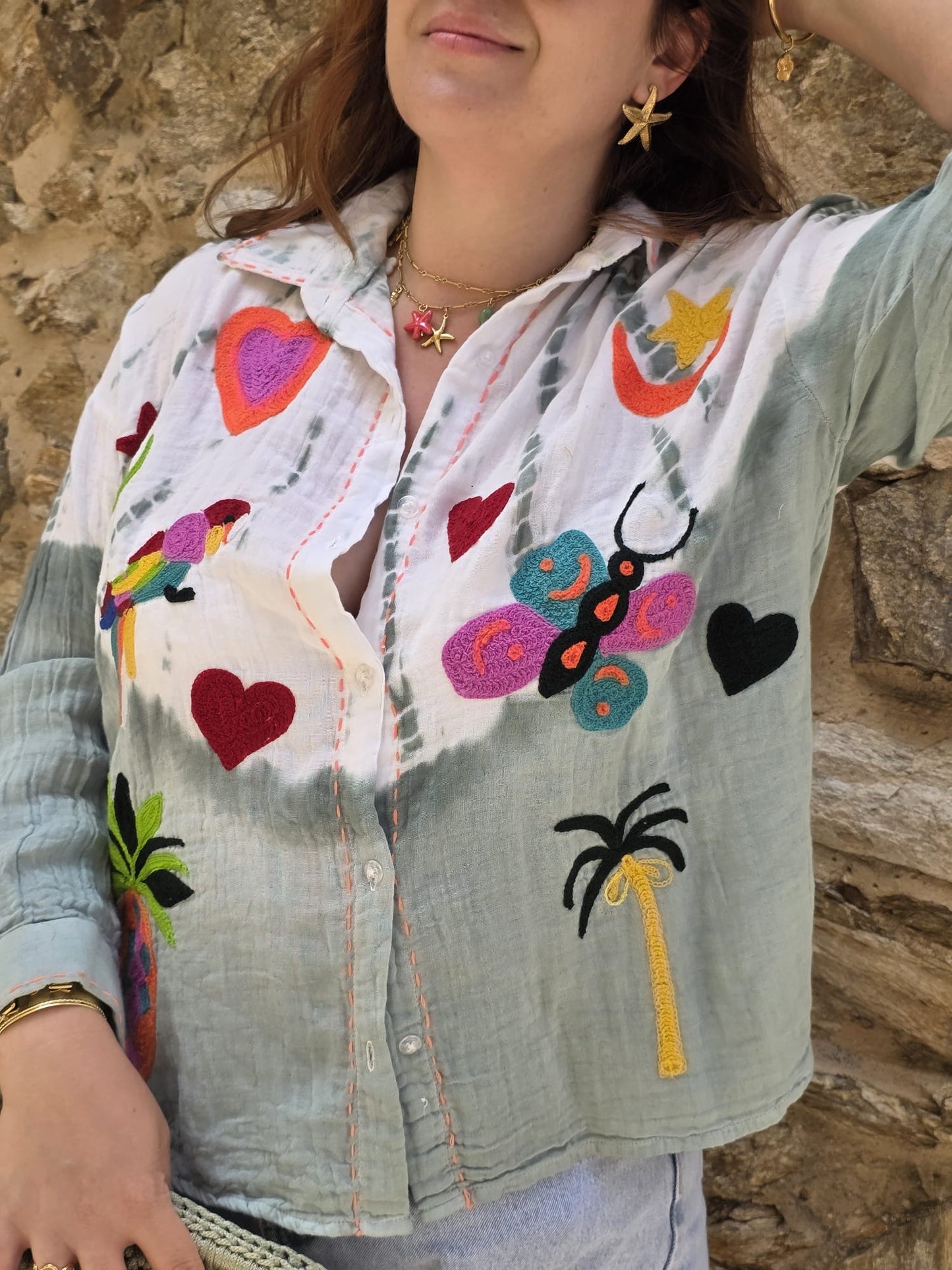 Chemise The Corner, 100% coton, imprimée bohème Tie and Dye - broderies estivales