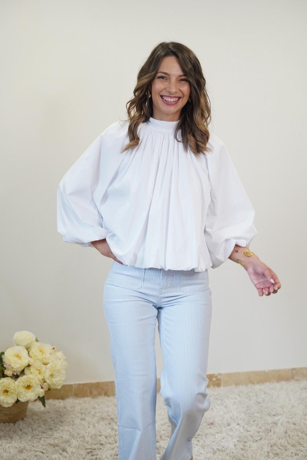 Blouse Manches Ballon avec Noeud sur le Dos - Blanche - Jad'Or la Mode- La mode au service-de-la-féminité