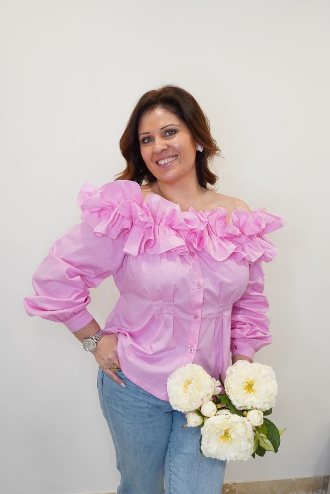 Chemise Lola col bardot à volants - Rose - Jad'Or la Mode- La mode au service-de-la-féminité