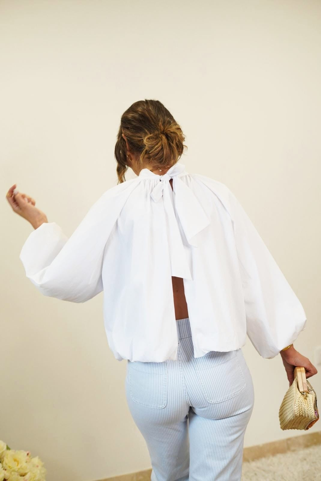 Blouse Manches Ballon avec Noeud sur le Dos - Blanche - Jad'Or la Mode- La mode au service-de-la-féminité