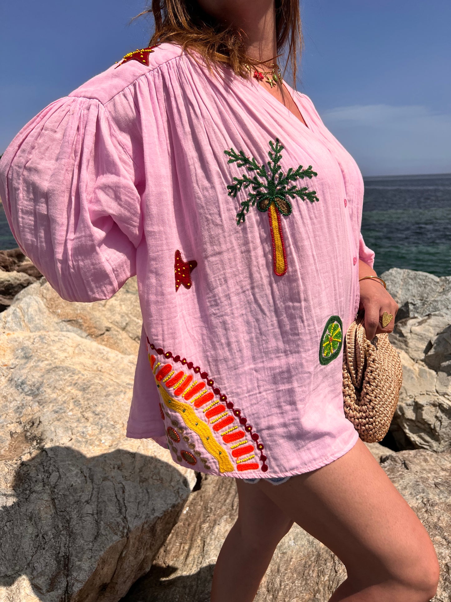 Chemise rose, style bohème, imprimés estivales, 100% coton - The Corner