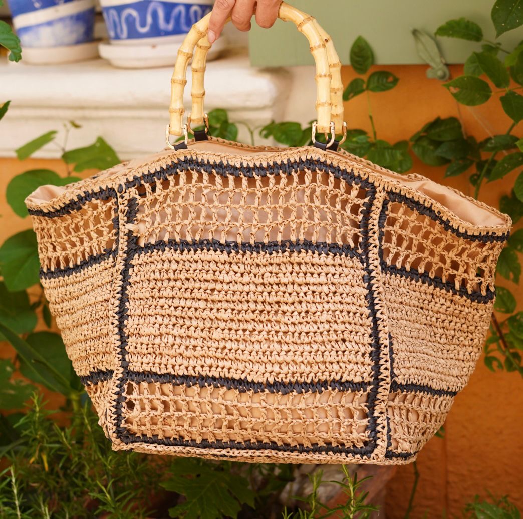 Grand sac plage Rive Gauche en raphia tressé marron avec finitions noires