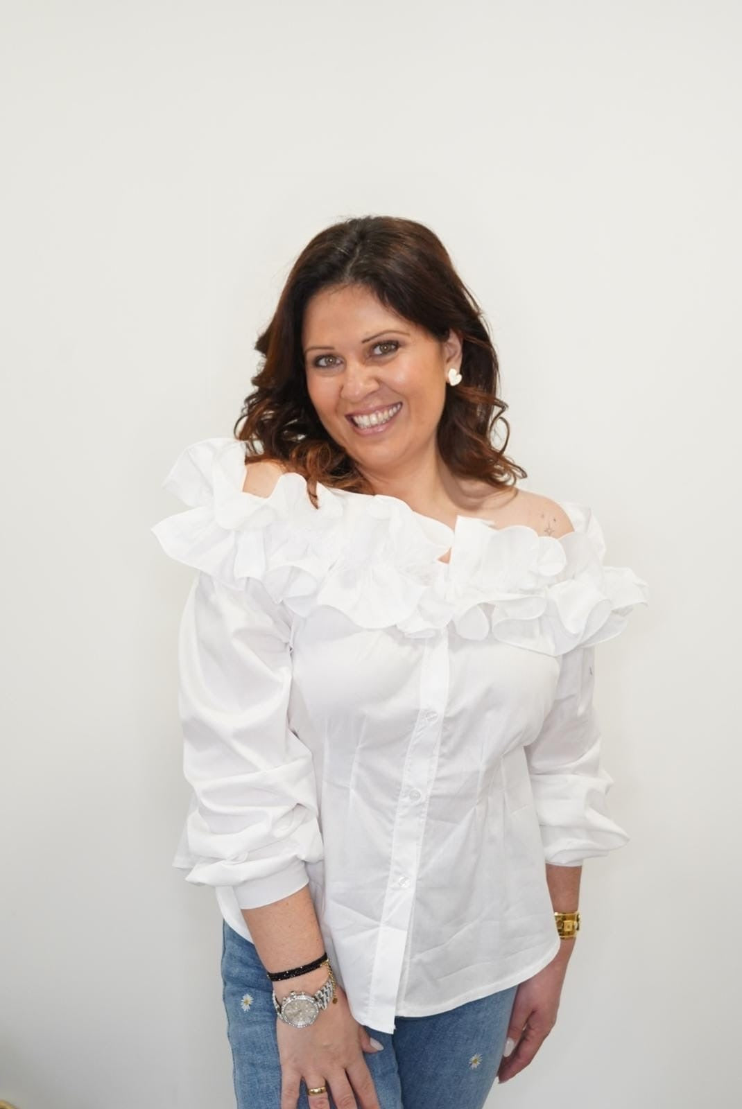 Chemise Lola, col bardot à volants - Blanc - Jad'Or la Mode- La mode au service-de-la-féminité