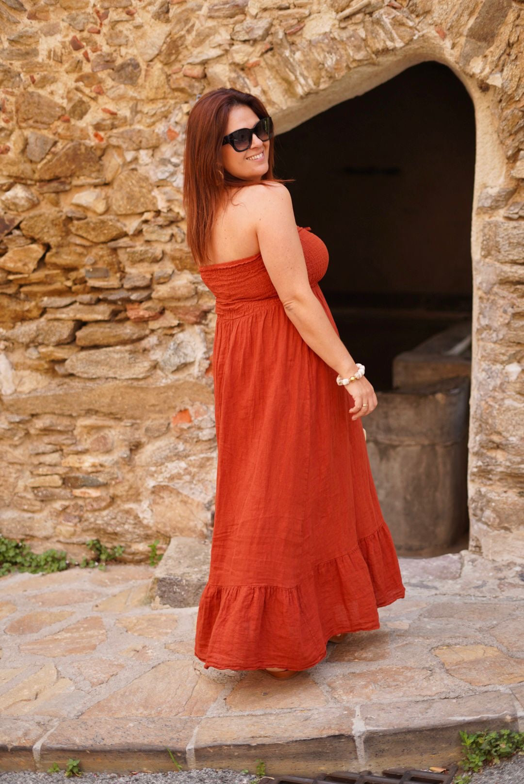 Robe Solea longue, bustier, 100% lin - Terracotta
