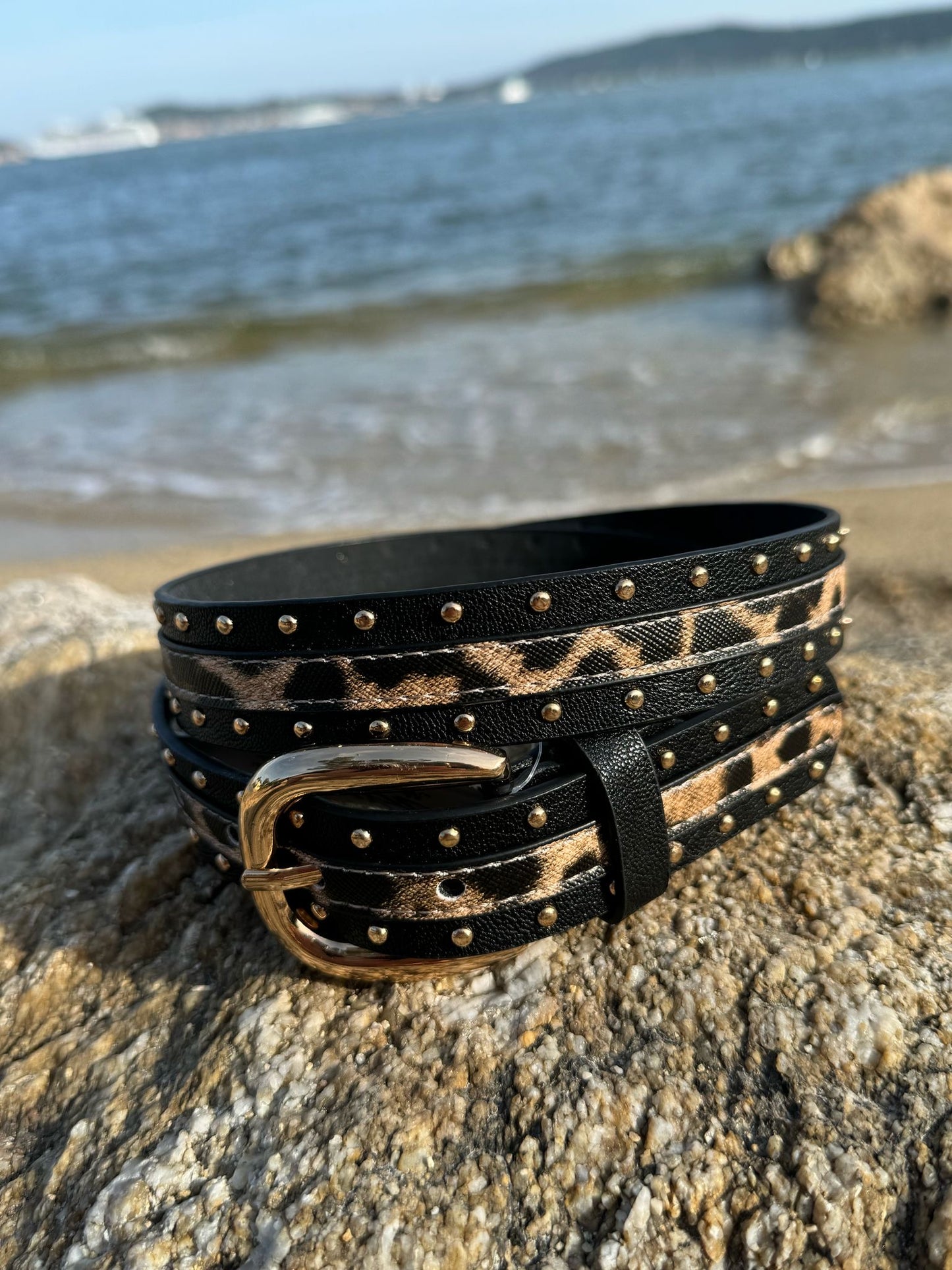 Ceinture femme avec détail léopard et clous dorés - Couleur Noir