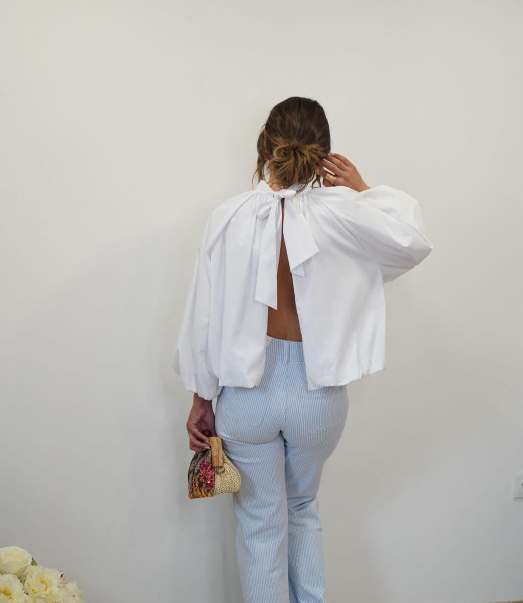 Blouse Manches Ballon avec Noeud sur le Dos - Blanche - Jad'Or la Mode- La mode au service-de-la-féminité
