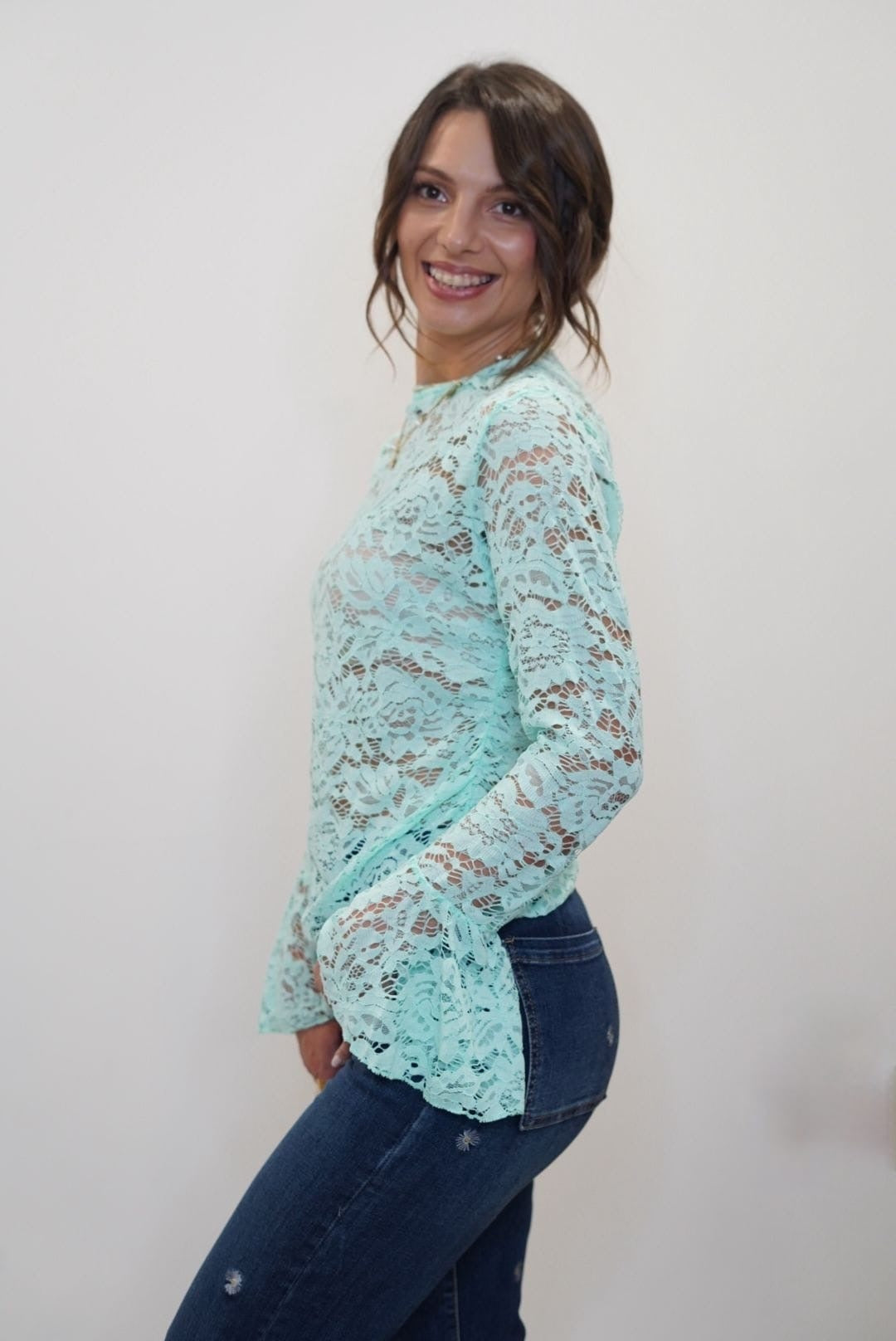 Top en dentelle manches évasées - Turquoise - Jad'Or la Mode- La mode au service-de-la-féminité