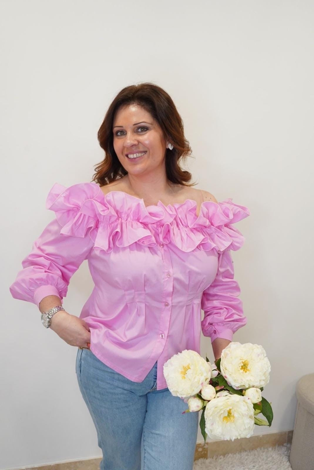 Chemise Lola col bardot à volants - Rose - Jad'Or la Mode- La mode au service-de-la-féminité