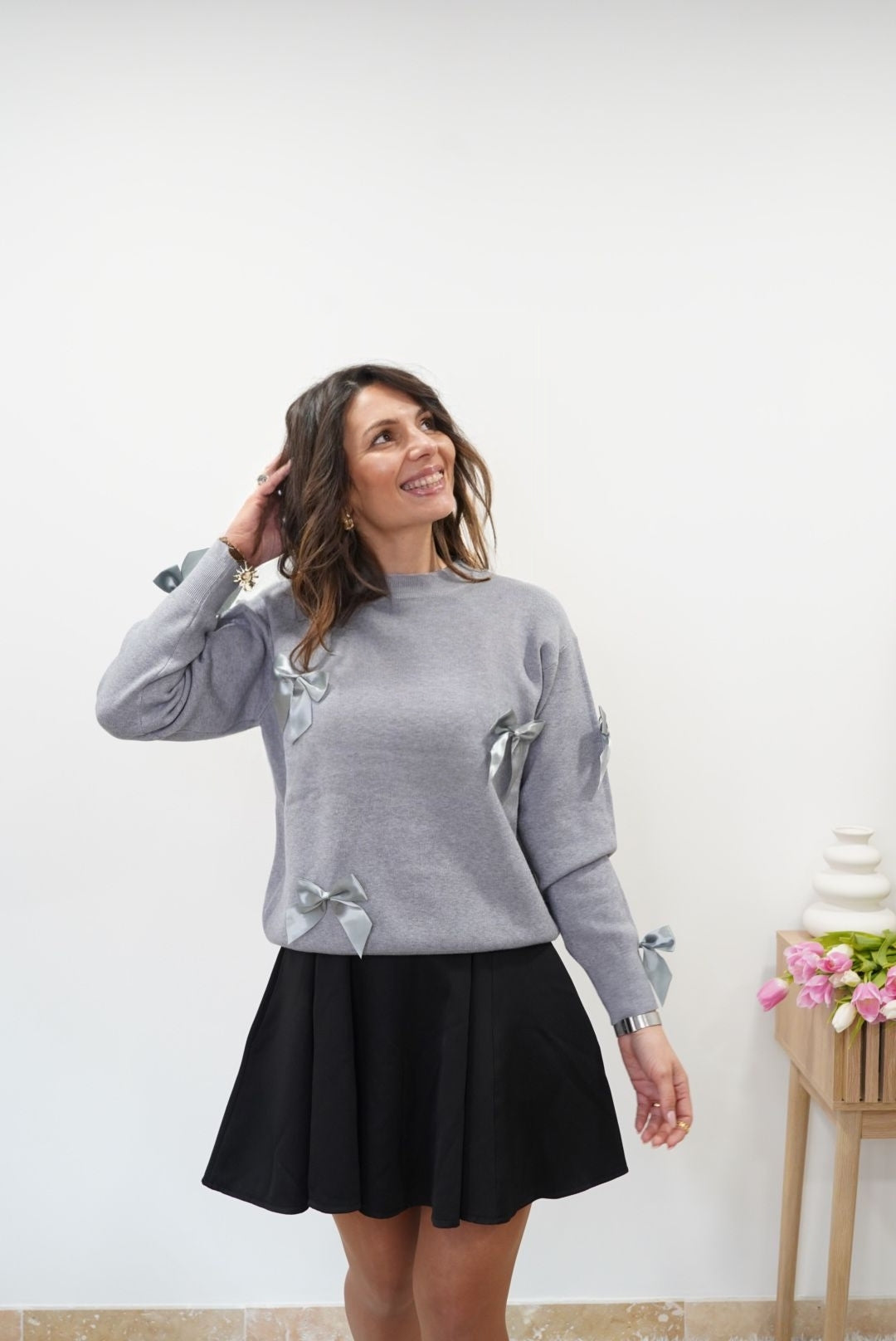 Pull Lisa avec noeuds - Gris - Jad'Or la Mode- La mode au service-de-la-féminité