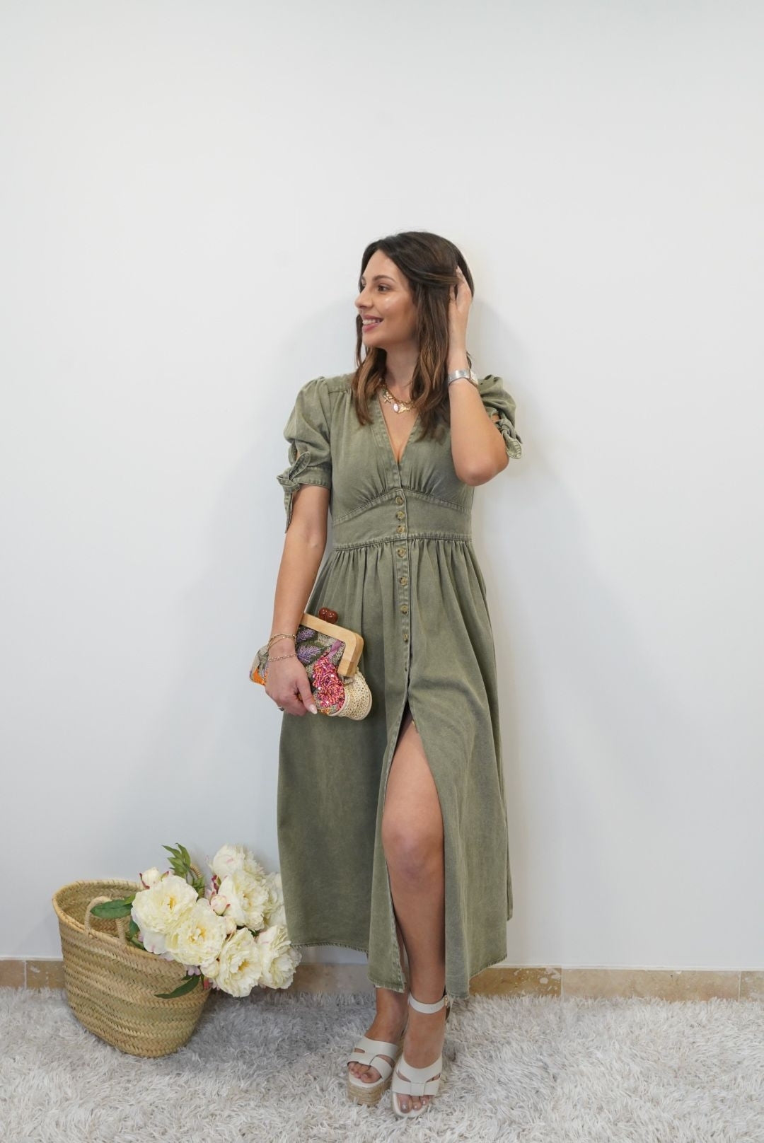Robe Longue en Jean Héléna - Vert kaki - Jad'Or la Mode- La mode au service-de-la-féminité