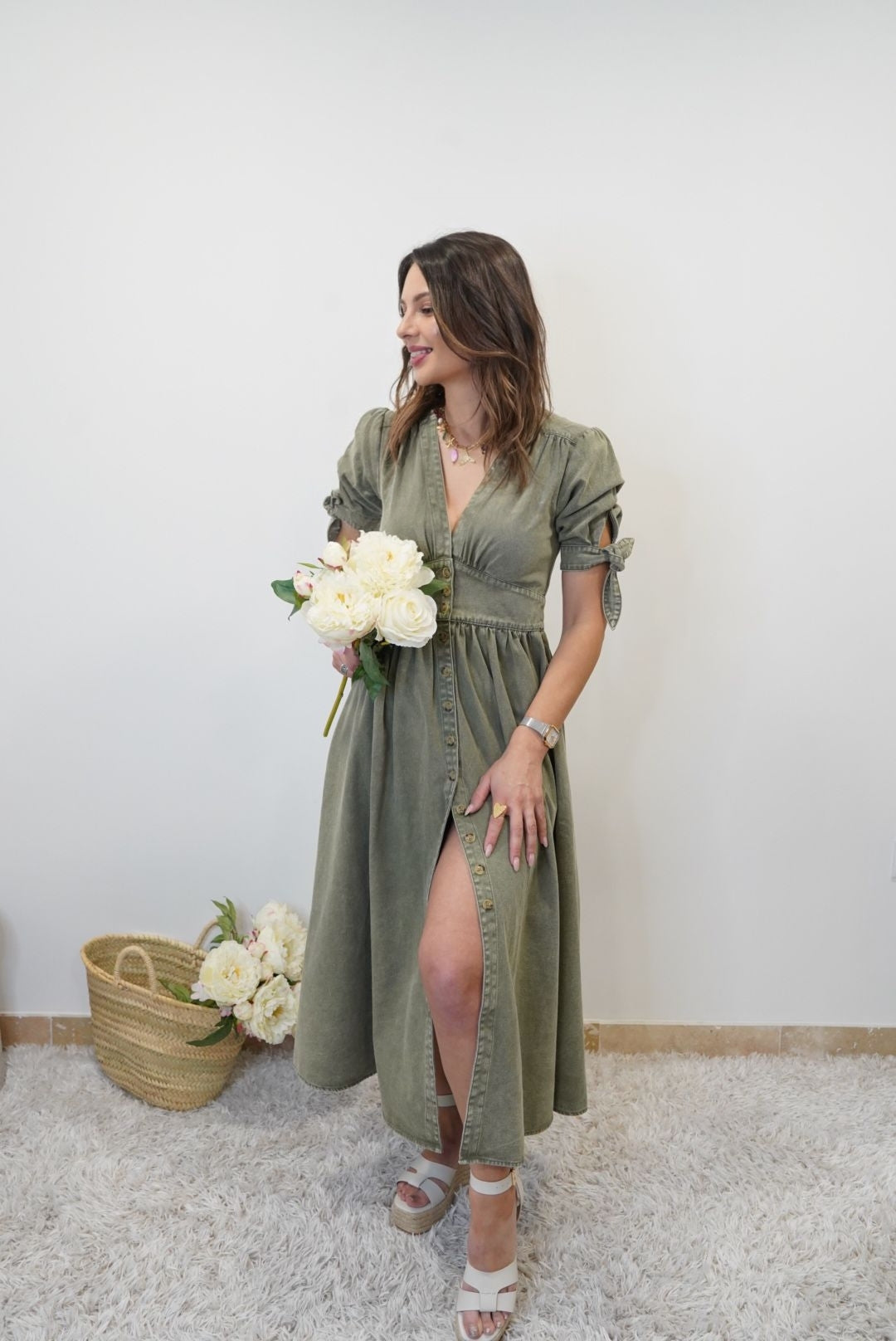 Robe Longue en Jean Héléna - Vert kaki - Jad'Or la Mode- La mode au service-de-la-féminité