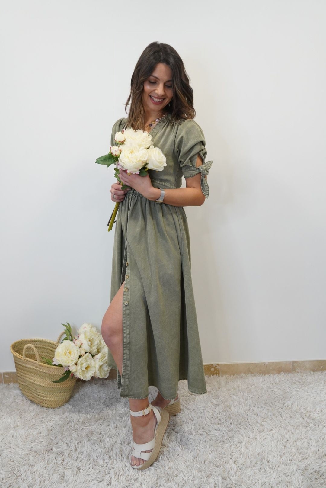 Robe Longue en Jean Héléna - Vert kaki - Jad'Or la Mode- La mode au service-de-la-féminité
