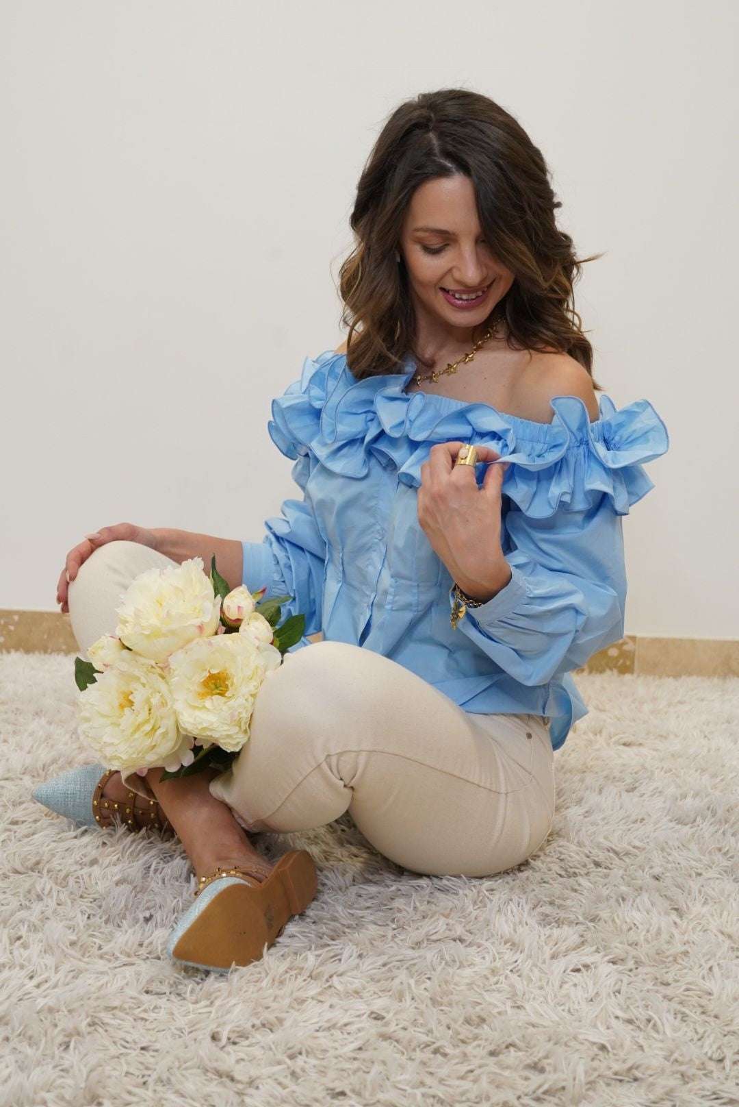 Chemise Lola col bardot à volants - bleu - Jad'Or la Mode- La mode au service-de-la-féminité