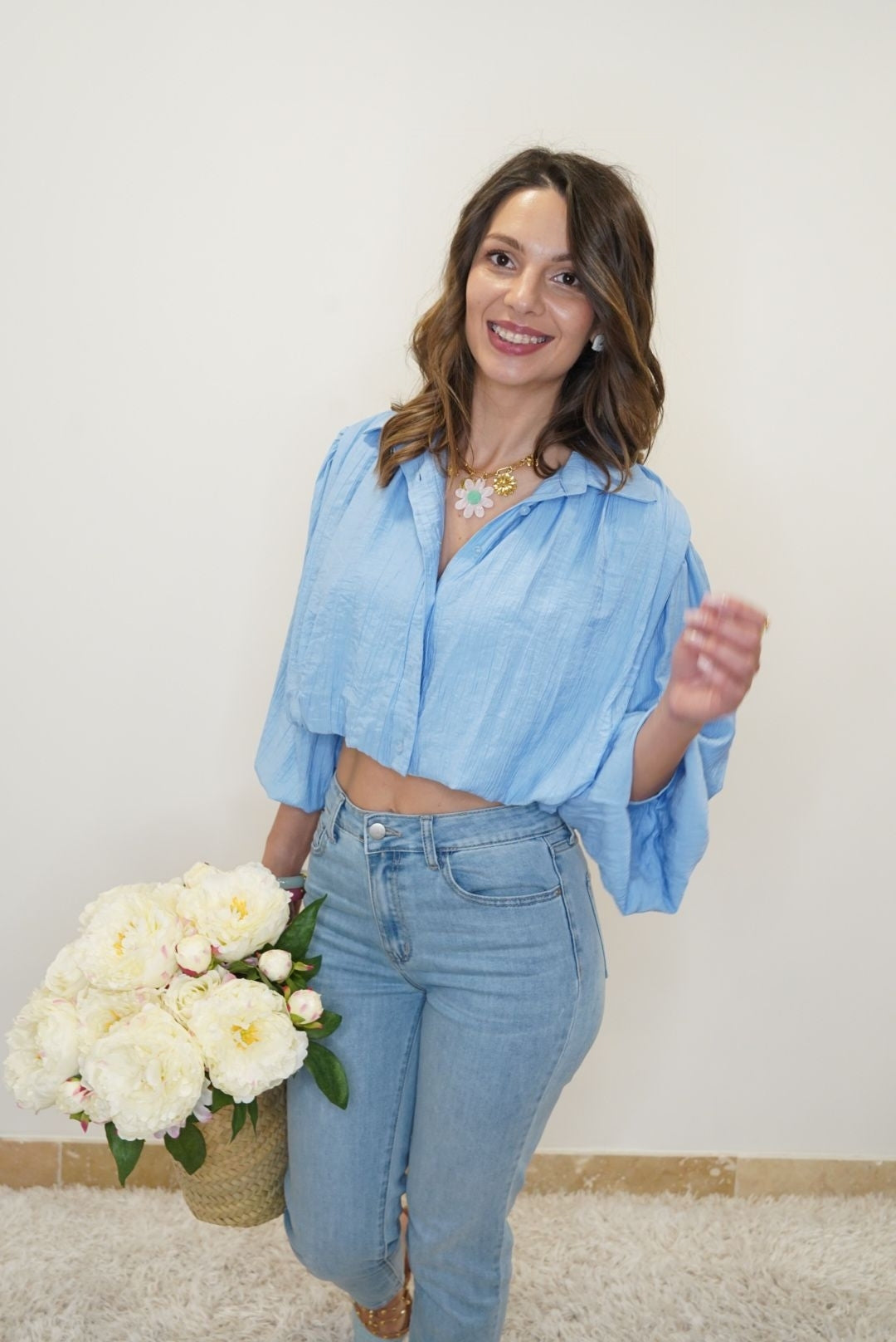 Blouse manches bouffantes Lina - Bleu - Jad'Or la Mode- La mode au service-de-la-féminité