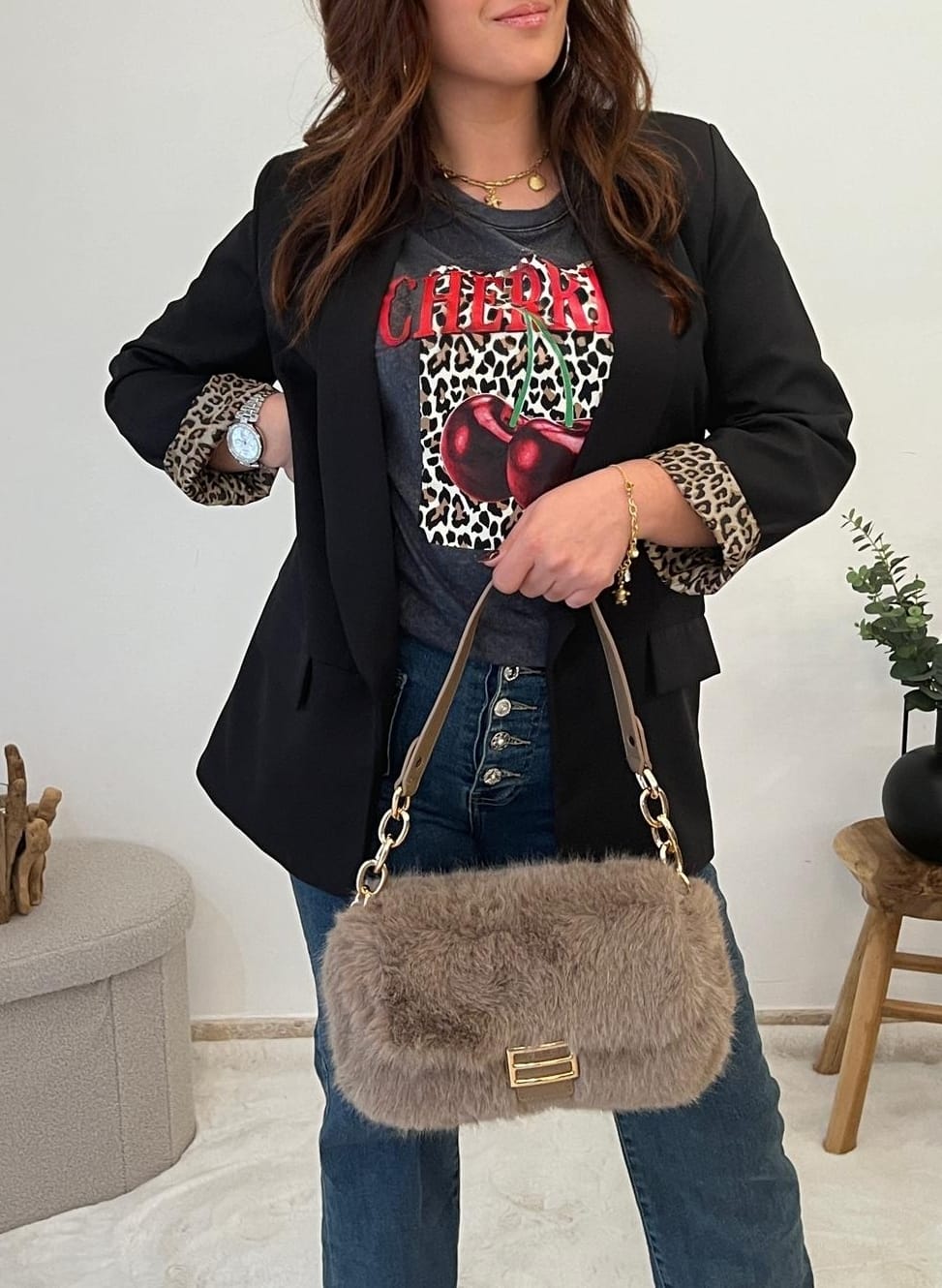 Blazer Noir avec doublure Léopard - Jad'Or la Mode- La mode au service-de-la-féminité