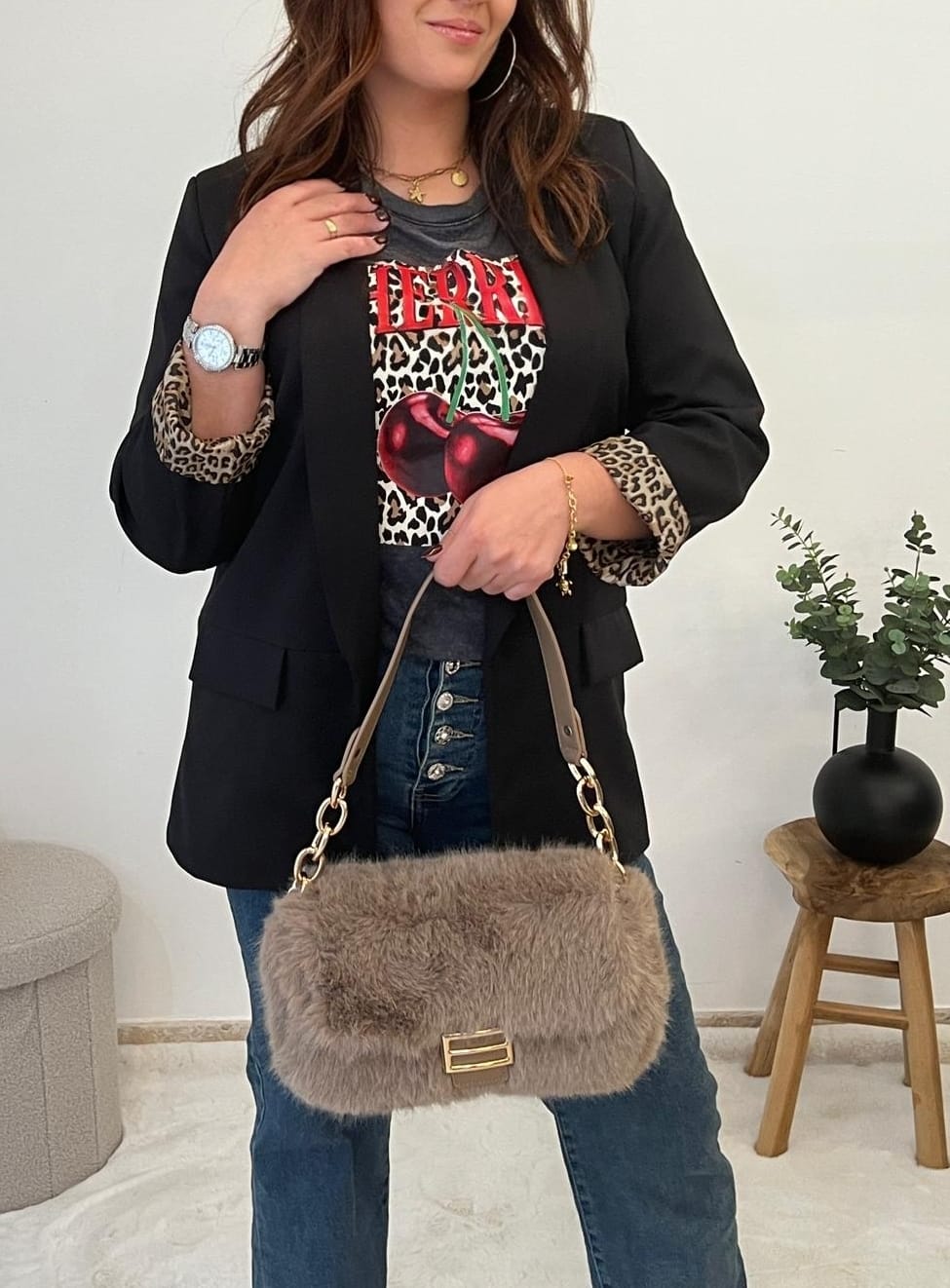 Blazer Noir avec doublure Léopard - Jad'Or la Mode- La mode au service-de-la-féminité