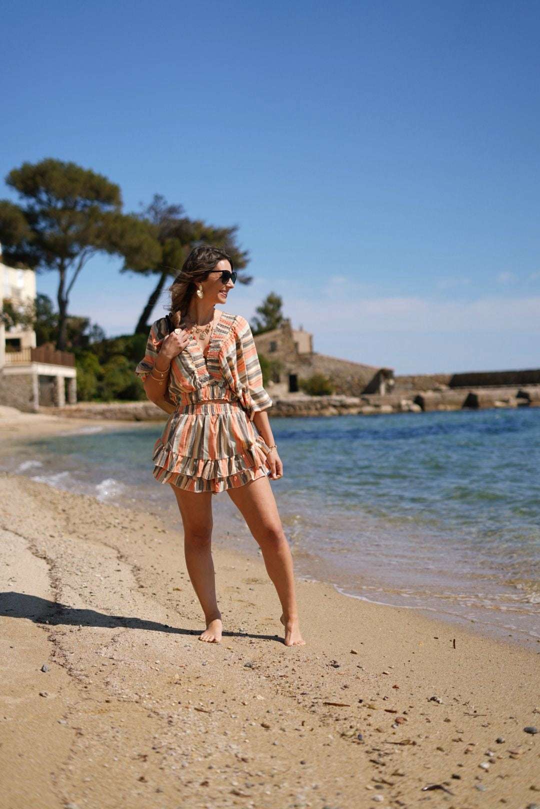 Ensemble d’été femme – Top à volants et jupe-short rayée bohème chic - Jad'Or la Mode- La mode au service-de-la-féminité