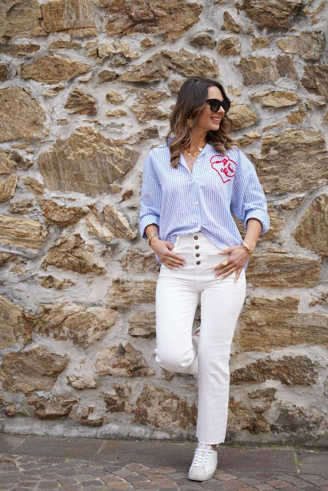 Jean blanc taille haute à boutons dorées - Coupe straight - Jad'Or la Mode- La mode au service-de-la-féminité