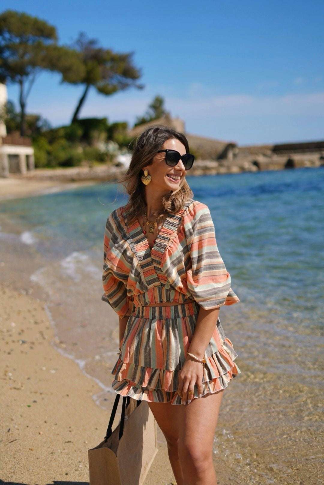 Ensemble d’été femme – Top à volants et jupe-short rayée bohème chic - Jad'Or la Mode- La mode au service-de-la-féminité