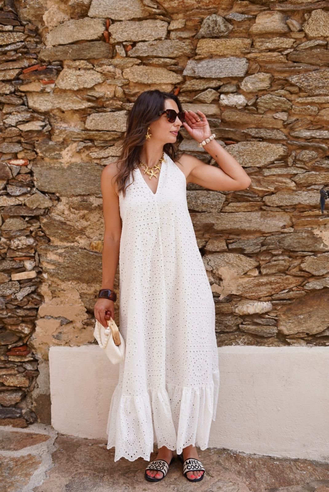 Robe longue brodée blanche - 100% coton