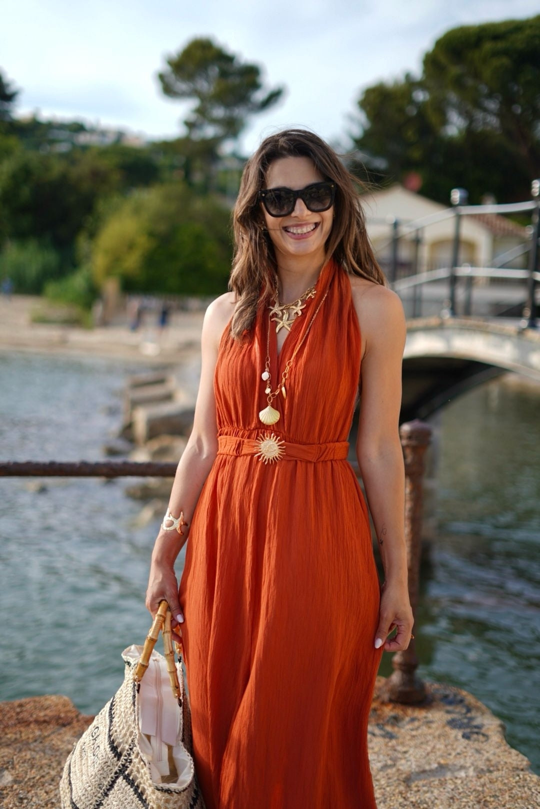 Robe longue dos nu terracotta – Ceinture soleil – Taille unique