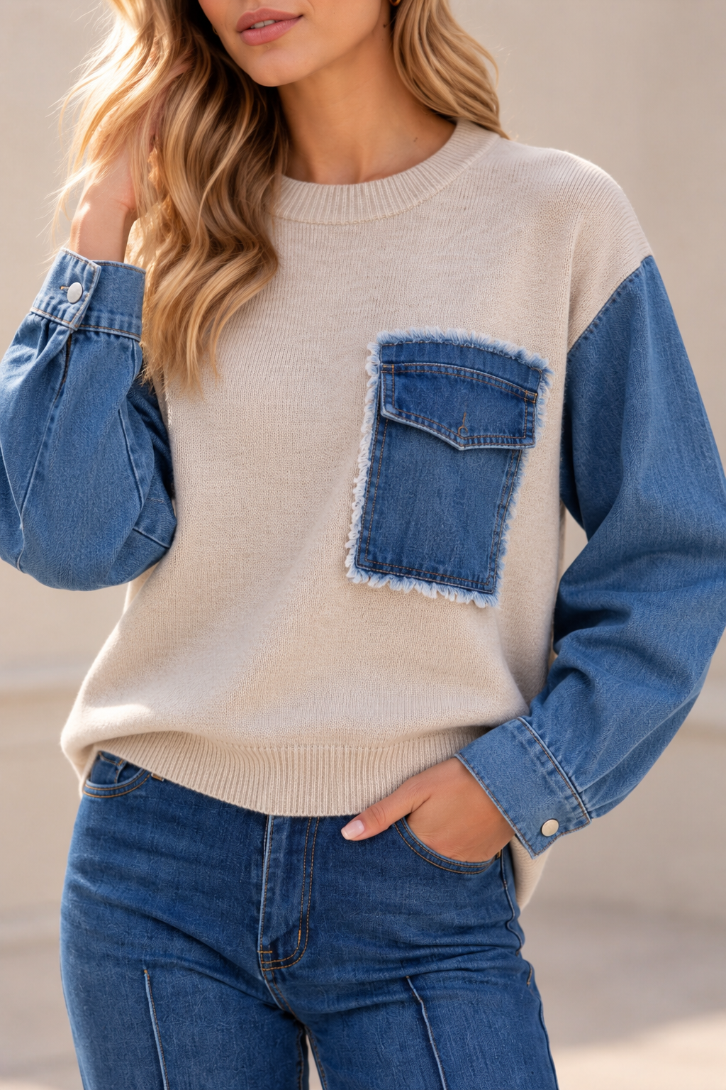 Pull femme bi-matière maille et jean – Manches denim