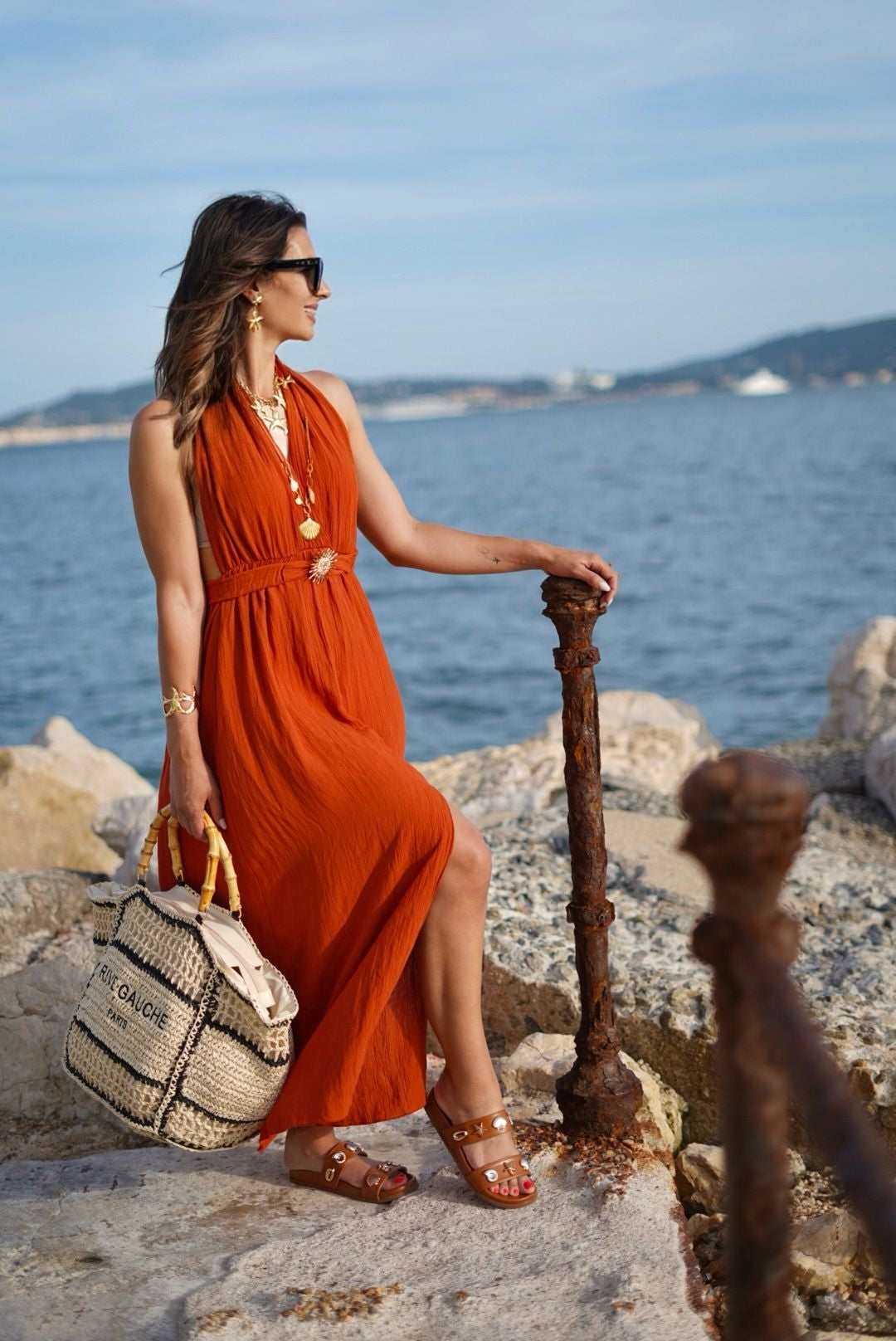 Robe longue dos nu terracotta – Ceinture soleil – Taille unique