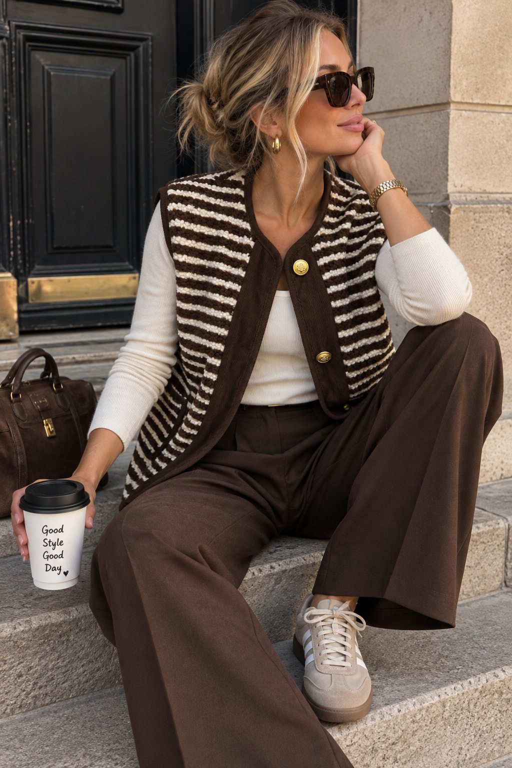 Gilet sans manches rayé chocolat & écru