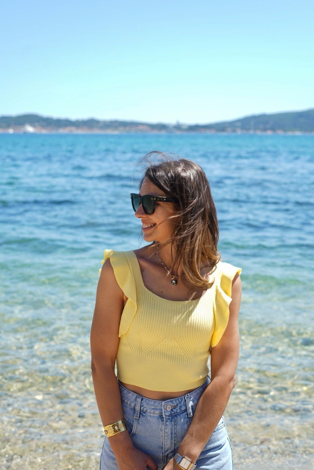 Top jaune côtelé à volants – Style bohème chic