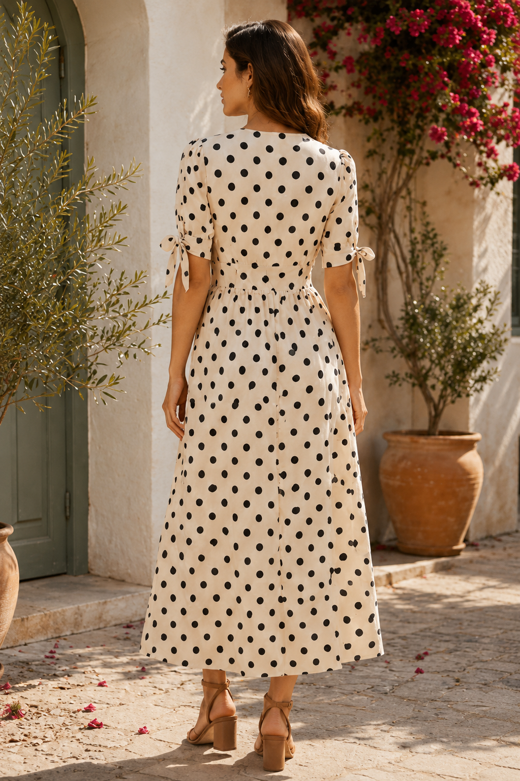 Robe Longue Crème à Pois Noirs – 100% Coton