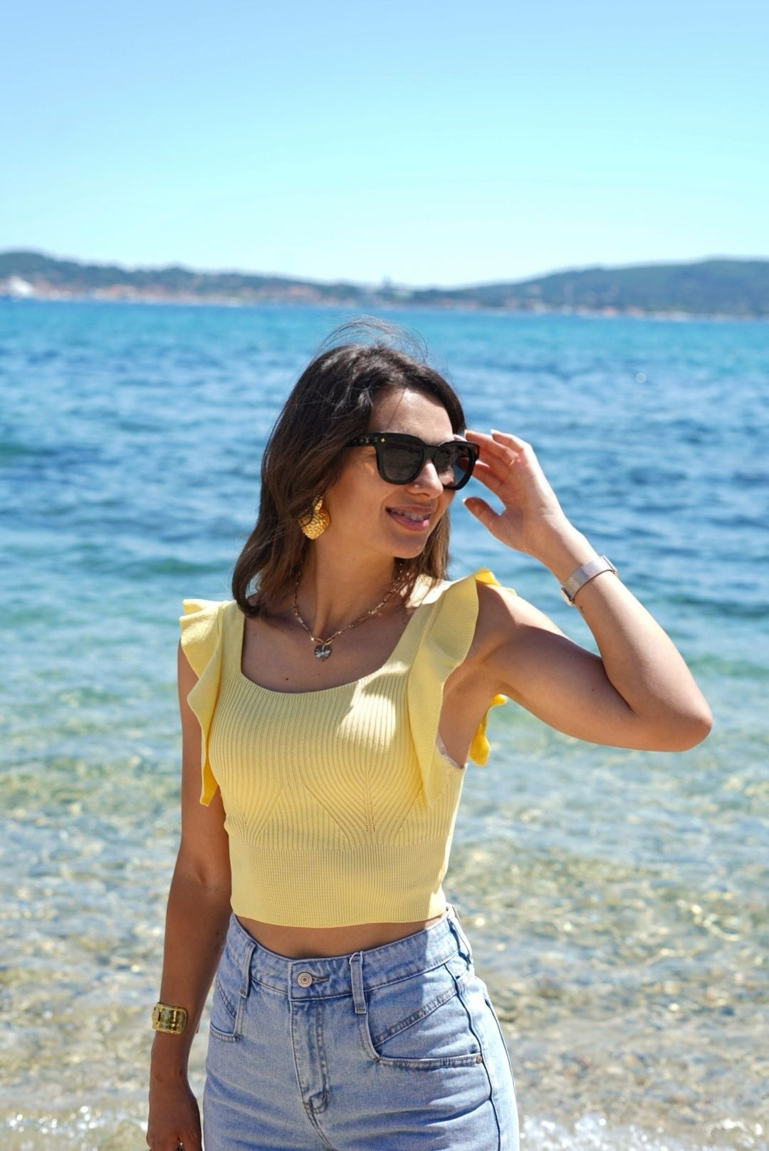 Top jaune côtelé à volants – Style bohème chic