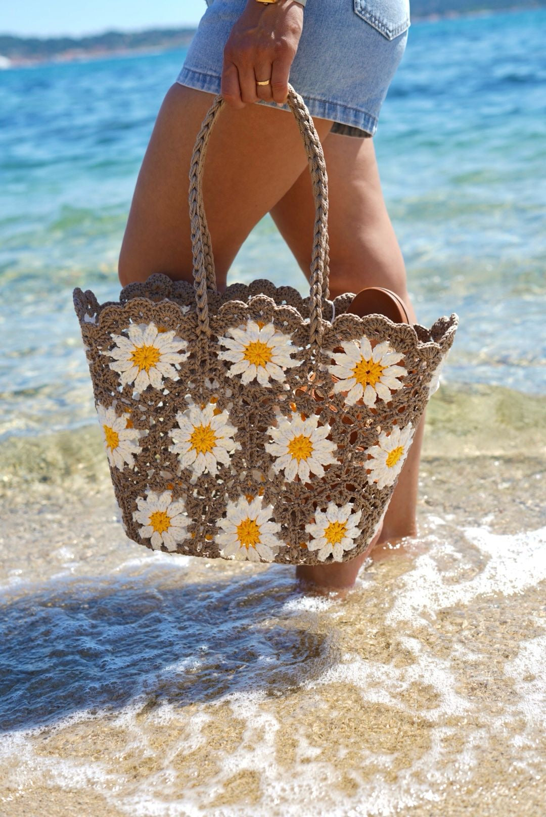 Sac cabas marguerites, effet crochet - Style bohème chic