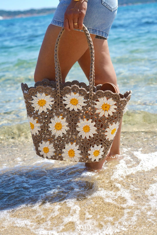 Sac cabas marguerites, effet crochet - Style bohème chic